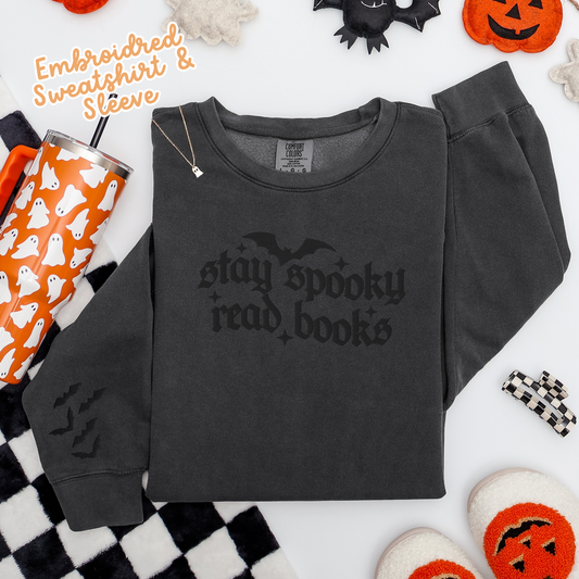 Stay Spooky Read Books Embroidred Comfort Colors Crewneck - Bookish Halloween Sweatshirt