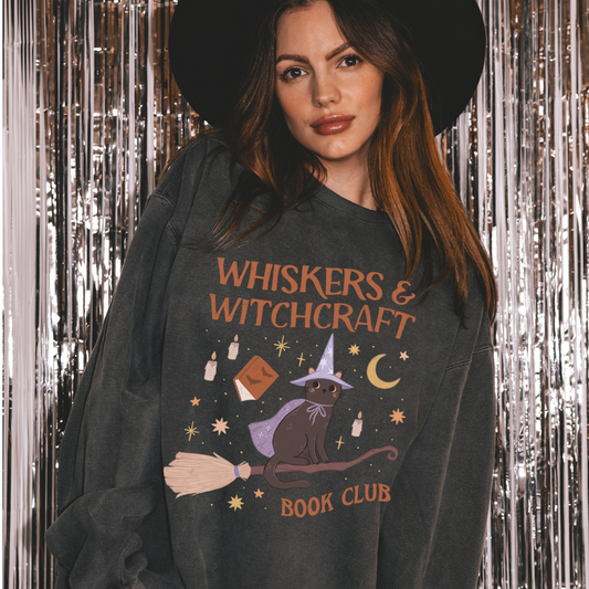 Whiskers and Witchcraft Book Club Crewneck - Witchy Bookish Halloween Comfort Colors Sweatshirt