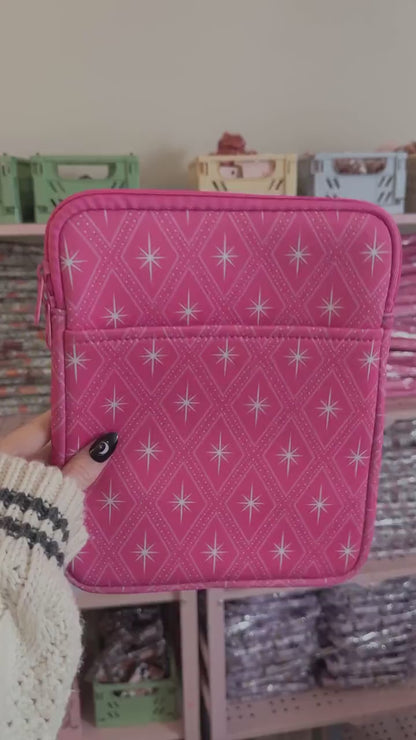 Pink Retro Christmas Book & Kindle Pouch, Medium E-Reader Zip up Book Sleeve, Bookish Gifts