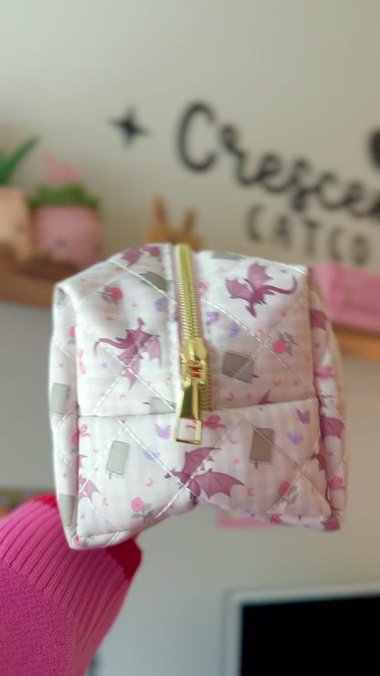 Fantasy Reader Gingham Dragon Quilted Makeup Pouch