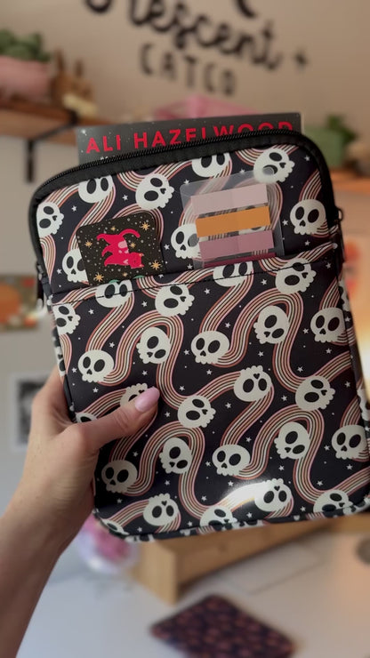 Spooky Cute Retro Skull Book & Kindle Pouch, Zipper & Front Pocket ( Medium)